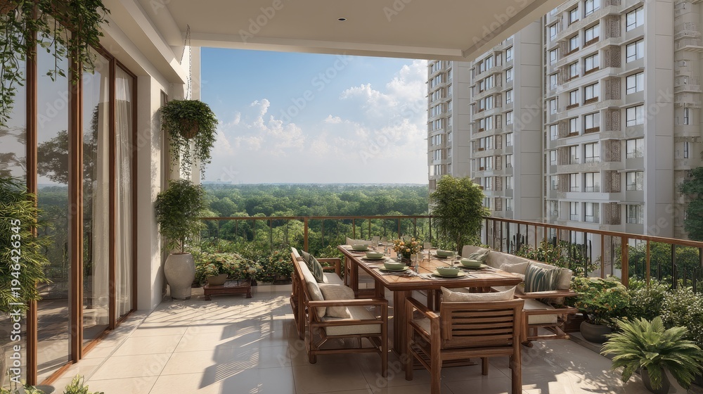 Fototapeta premium Elegant and Spacious Balcony with Dining Area Overlooking Lush Greenery and Modern High-Rise Buildings Under Bright Blue Sky