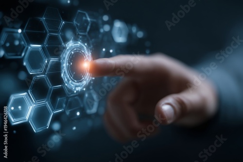 Hand Pointing at IT Icon with Digital Technology Interface and Cybersecurity Elements for Future Innovations and Trends in Information Technology