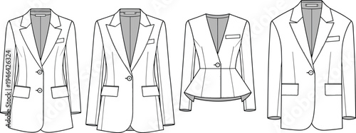 Cad drawing flat vector illustration of women's blazer jackets, technical fashion sketch, tailored outerwear design, stylish formalwear front view