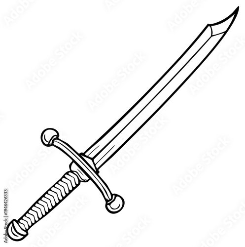 Illustration of a Sword with Ornate Hilt and Sharp Blade Line Art