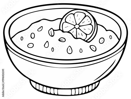 Bowl of dip with lemon slice.  Food vector illustration for coloring book. Kitchen concept for kids and adults.