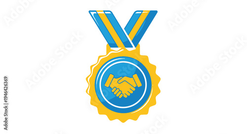 Golden handshake medal icon symbol.