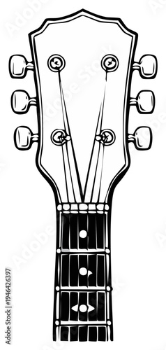 Black and White Drawing of a Six String Guitar Headstock and Fretboard