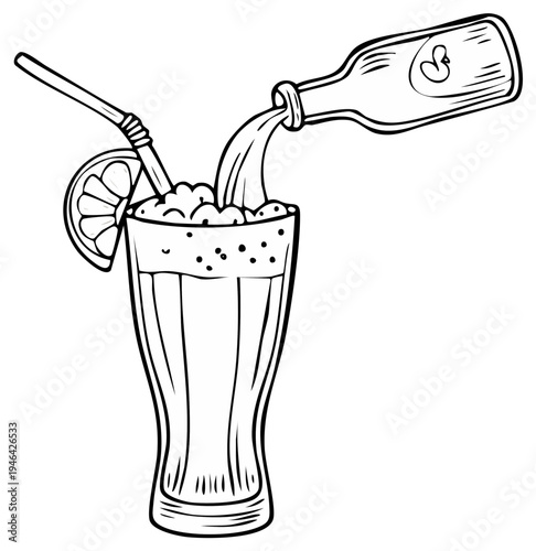Refreshing beverage pouring into glass with straw and lemon slice, line art illustration.