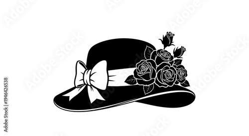 Black hat with white bow flowers.