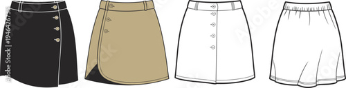 CAD drawing flat vector illustration of women's buttoned A-line skirts and elastic shorts, fashion technical design front views