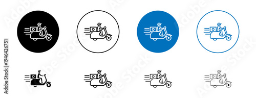 Delivery man riding motorcycle icons set. vector illustration