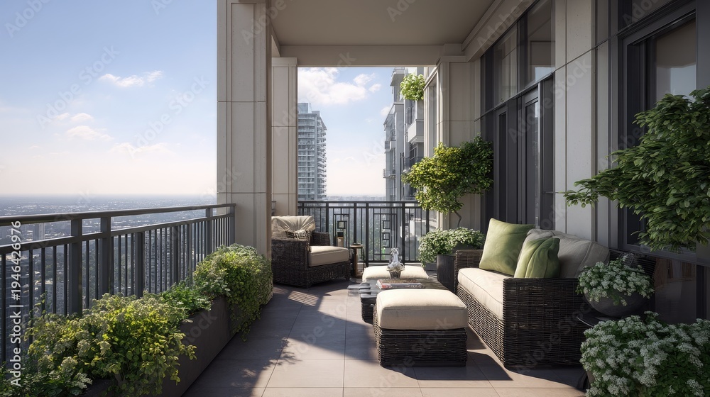 Fototapeta premium Modern Balcony with Inviting Furniture and Lush Greenery Overlooking City Skyline during Daytime