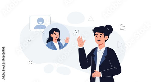 Video Call Connection: Two women communicating online, remote work, business meeting, friendly greeting