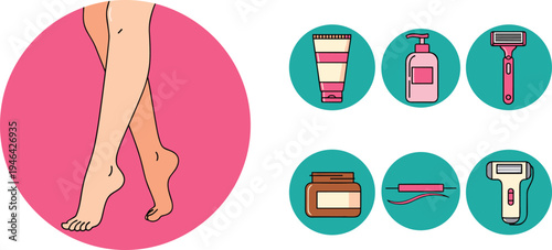 Women leg hair removal set, shaving razor epilator cream waxing tools, female body care grooming icons, beauty skincare routine