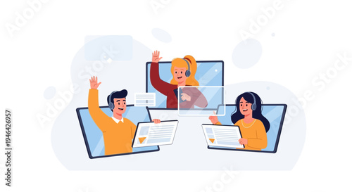 Diverse people in video call, online meeting, remote work, teamwork, communication