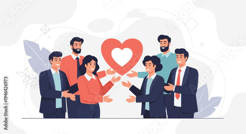 Diverse team shares heart symbol, teamwork, unity, and love in business