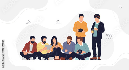 Diverse group of friends sitting together, sharing a tablet and cameras, creative collaboration