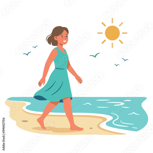Woman walks along serene beach with sun shining and birds flying overhead.