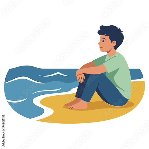 A young man sits alone on a beach looking worried at sea waves.