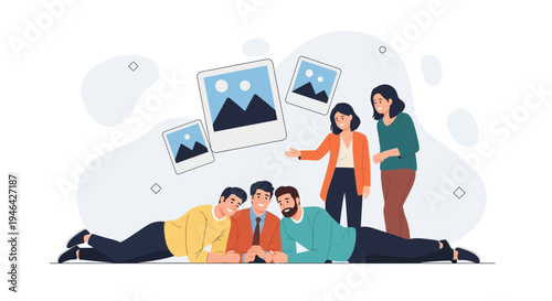 Diverse group of friends sharing photos and memories, teamwork, creative collaboration