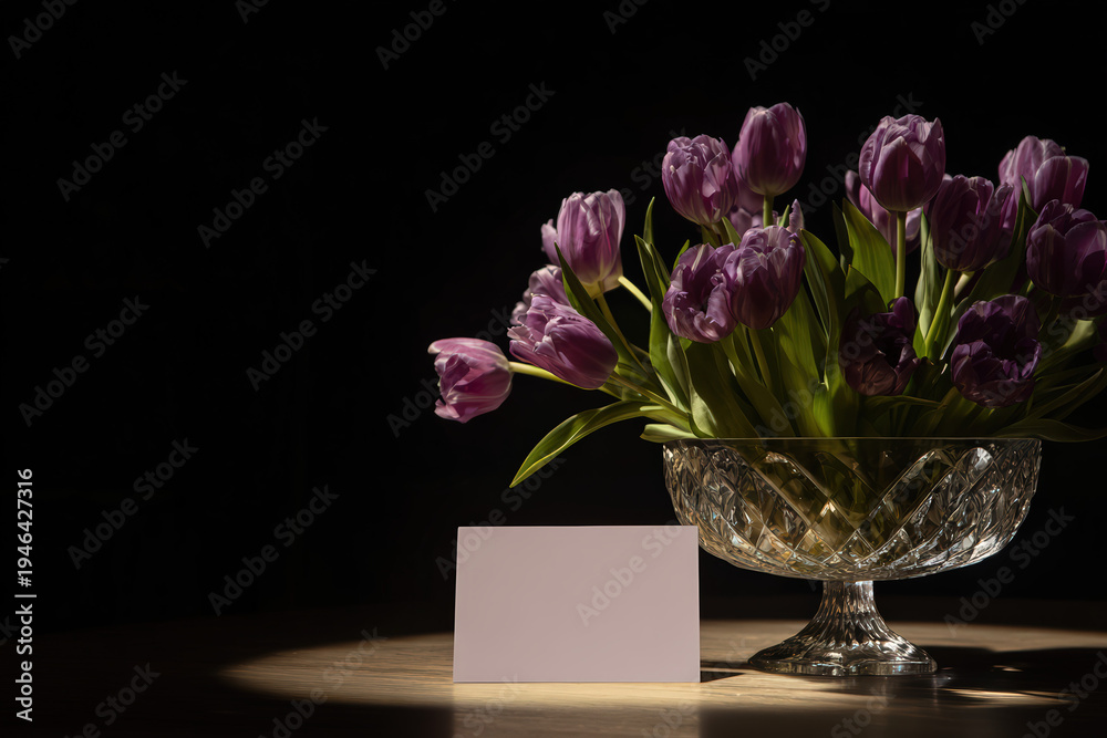 Fototapeta premium Elegant Purple Tulips in Crystal Vase on Dark Background, Moody Floral Still Life with Blank Greeting Card Mockup for Anniversary or Romantic Message, Dramatic Lighting and Luxury Aesthetic