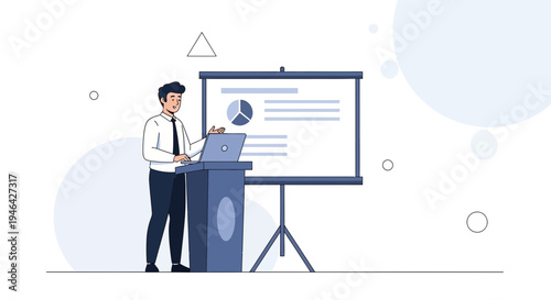 Man presenting business chart on screen with laptop at podium, modern illustration