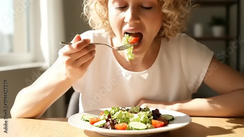 Woman enjoying a healthy salad lunch with fresh vegetables, focusing on healthy eating and lifestyle choices