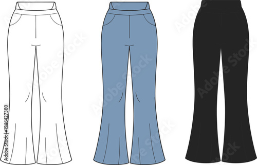 CAD drawing flat vector illustration of women's flared high-waisted pants, front view technical fashion design template in three colorways