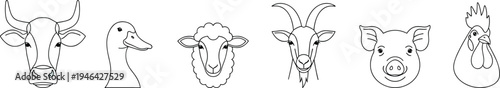 Farm animal outline icons, cow duck sheep goat pig chicken heads, livestock line illustration, agriculture animals collection set