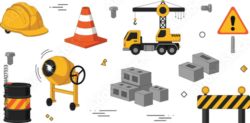Construction site equipment set with safety helmet crane cement mixer traffic cone warning sign bricks and barrier flat vector illustration
