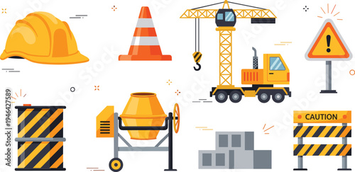 Construction site equipment and safety elements set with crane helmet cement mixer traffic cone caution barrier flat vector illustration
