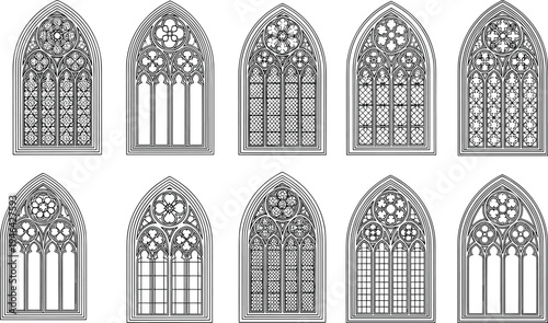 gothic church window set, medieval cathedral stained glass frames, vintage architectural elements, pointed arch tracery design, ornamental line art collection
