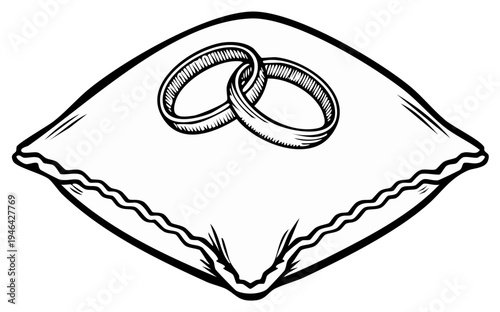 Wedding rings on a decorative pillow, hand drawn illustration.