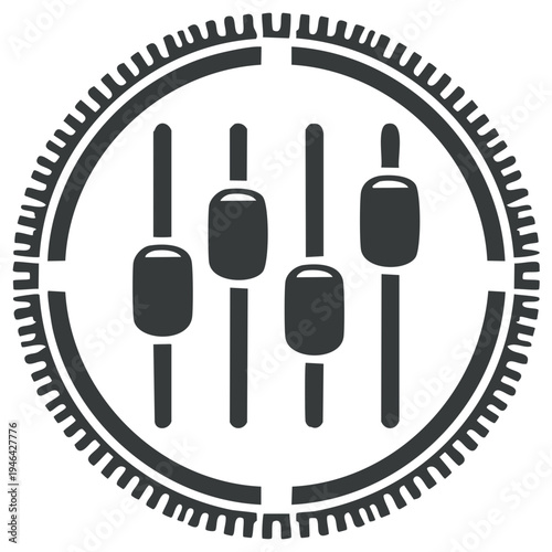 Audio mixer sliders icon in gear wheel emblem for sound engineering and music production