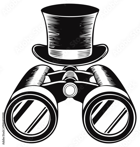 Vintage Top Hat and Binoculars Illustration Symbolizing Observation and Exploration
