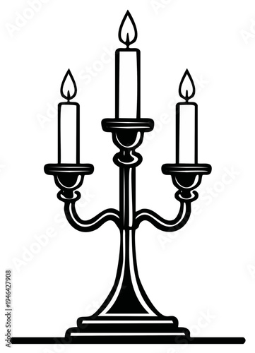 Vintage candelabra with three lit candles in a black and white silhouette style illustration