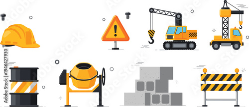 Construction site equipment and safety tools set with crane cement mixer helmet warning sign concrete blocks and barrier flat vector illustration