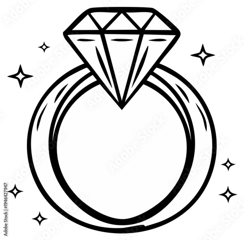 Diamond ring illustration with sparkle icons, engagement concept, love