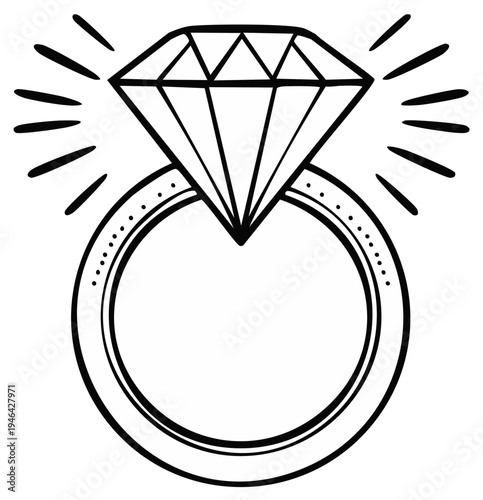 Elegant diamond engagement ring illustration design, vector outline, shiny jewel