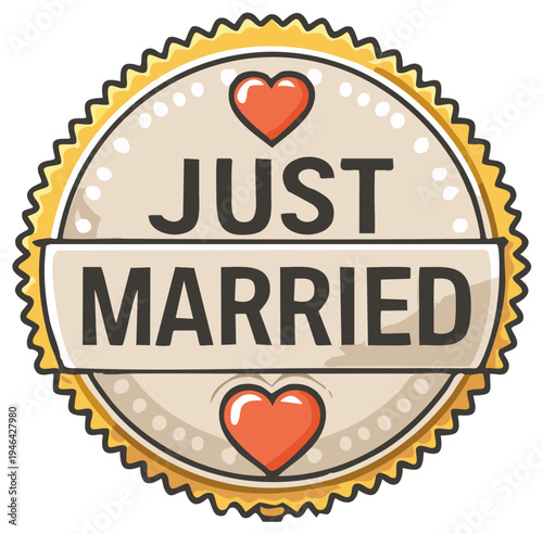 Wedding Celebration Badge with Just Married Text and Heart Graphics Round Design
