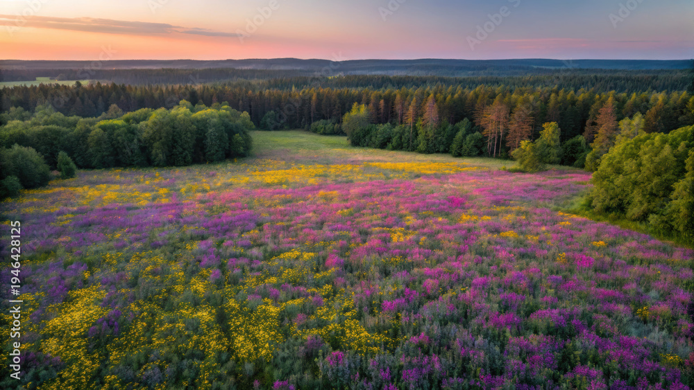 Fototapeta premium Wildflower fields countryside aerial view over colorful meadow at sunset, peaceful nature landscape with forest horizon