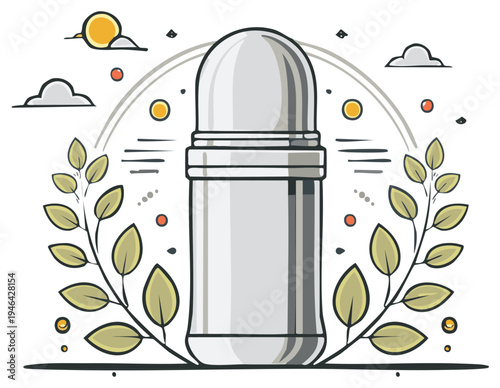 Natural Deodorant Rollerball with Greenery and Celestial Elements Illustration