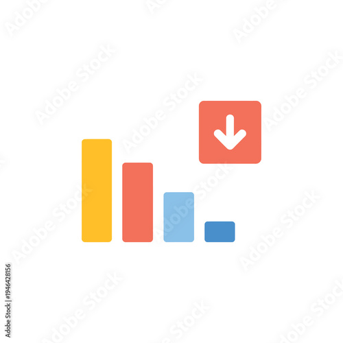 Declining bar graph with downward arrow signifies financial loss or market slump
