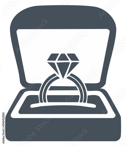 Diamond ring icon inside a box. Engagement jewelry symbol. Promise ring or gemstone ring simple illustration. Love и marriage proposal concept.  Dark blue flat design.