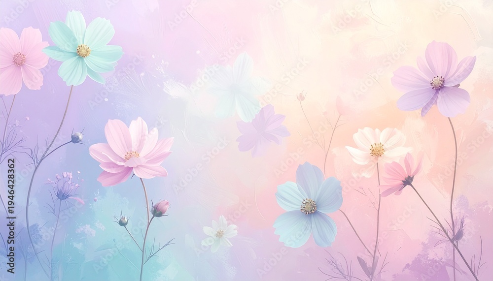 Fototapeta premium Delicate pastel cosmos flowers blooming in a dreamy, soft-focus watercolor landscape with subtle light effects