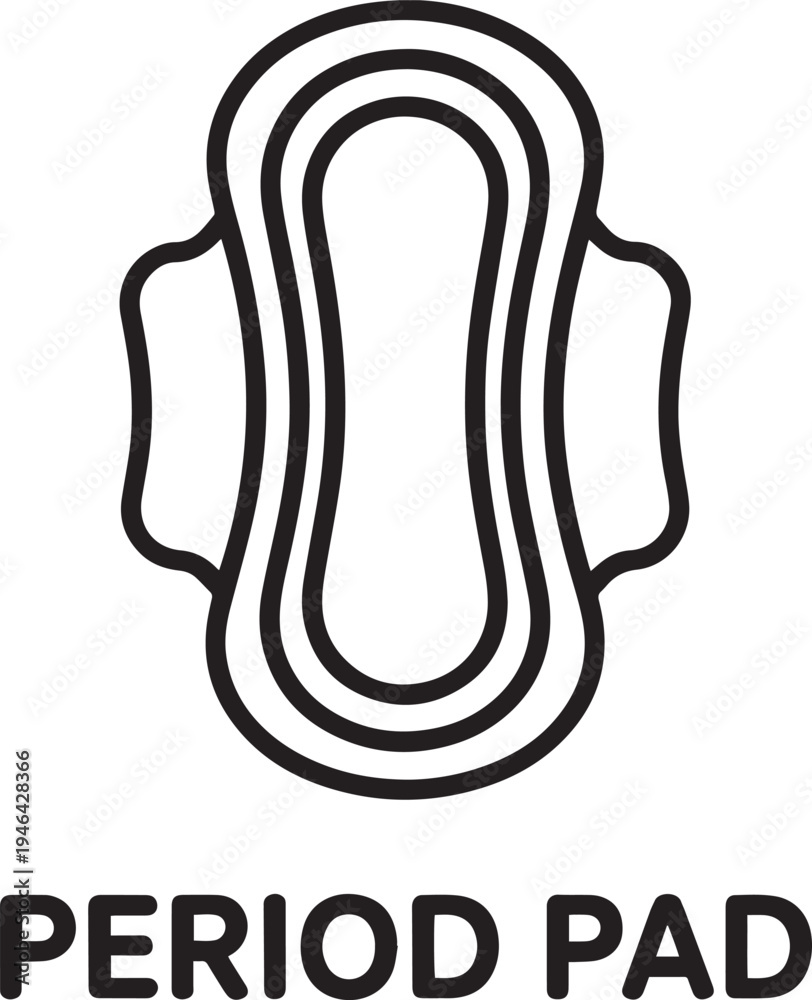 Obraz premium A simple black and white line art illustration of a feminine hygiene pad with wings and the text period pad underneath isolated on transparent background