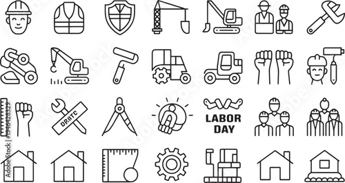 A comprehensive collection of construction and labor day line art icons representing various aspects of work and industry professions