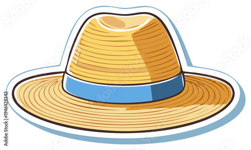 Cartoon style straw hat with blue band icon on white, summer headwear fashion
