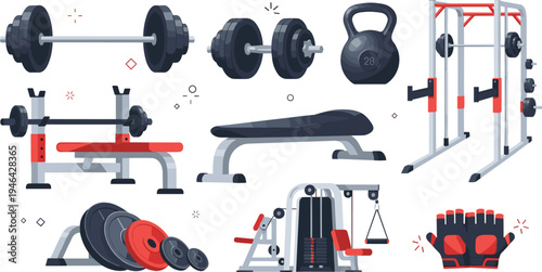 Gym fitness equipment collection with barbell dumbbell bench kettlebell squat rack weight plates and training machines flat vector illustration