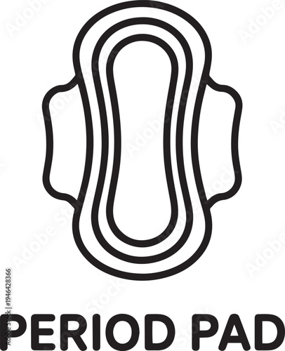 A simple black and white line art illustration of a feminine hygiene pad with wings and the text period pad underneath isolated on transparent background