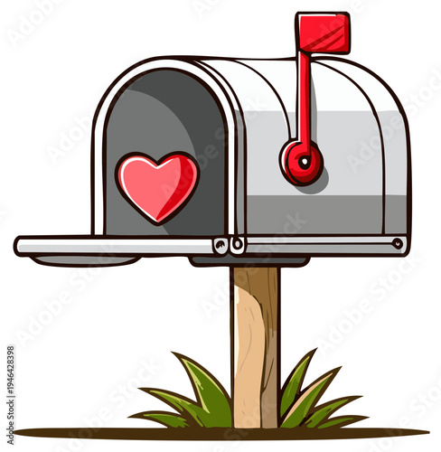 Cartoon mailbox with red heart illustration, love and romantic mail concept, on a wooden post