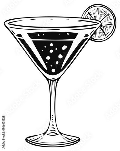 Hand drawn illustration of a martini glass filled with bubbly cocktail and a lime wedge garnish