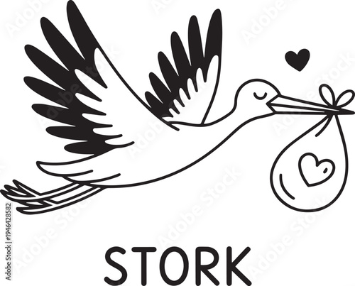 Artistic stylized illustration of a stork bird flying gracefully while carrying a baby bundle tied with a ribbon and a tiny heart floating nearby