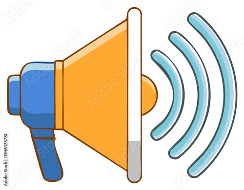 Isolated cartoon-style illustration of a megaphone emitting sound waves or signal transmission